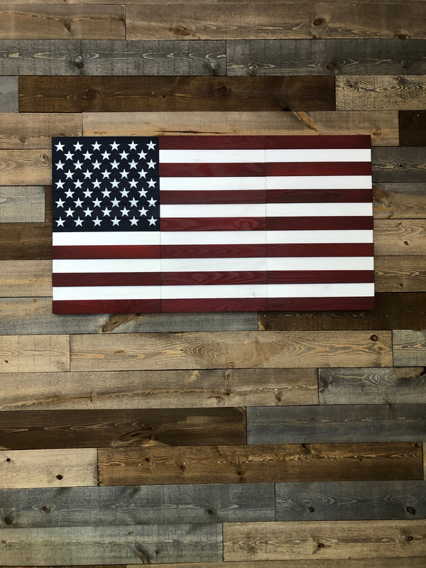 Wood wall paneling and wooden flag
