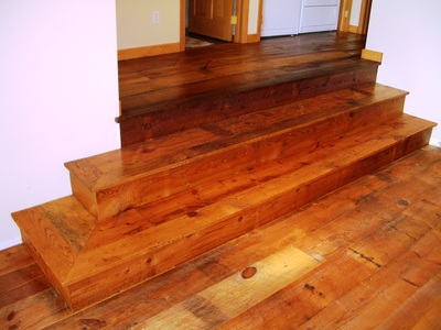 Reclaimed pine steps in Minnesota lakehouse.