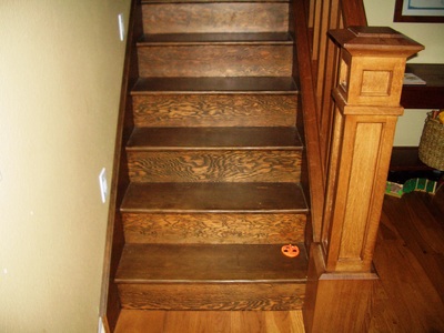 Refinished fir steps stained dark in Davenport, ND.